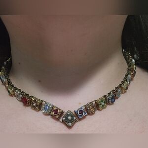 Sweet Romance Canterbury Carcanet Necklace USA Signed Colorful Crystal Bookchain